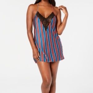 Short Chemise Nightgown Blue Red Bold Stripes Lace